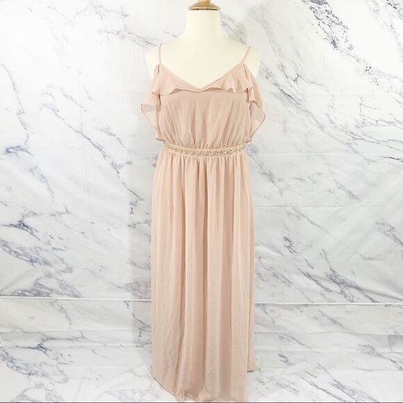 ASOS Peach Nude Off Shoulder Flowy Dress 14 - Picture 2 of 9